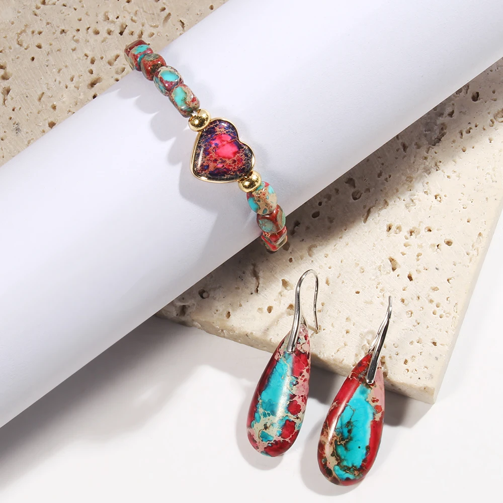 To My Godmother Two-color Love Heart Multi-color Square Emperor Stone Bead Elastic String Bracelet Drop Pendant Earring Set