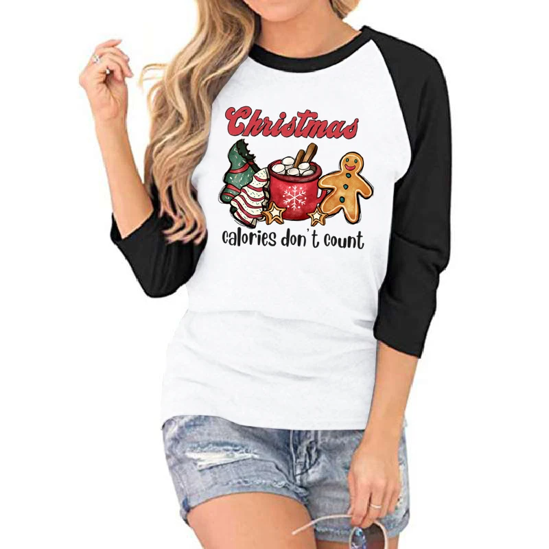 

Christmas Calories Don't Count Print Three Quarter Sleeves Shirt For Women Summer Seven Sleeves Shirt Round Neck Loose Tee Shirt