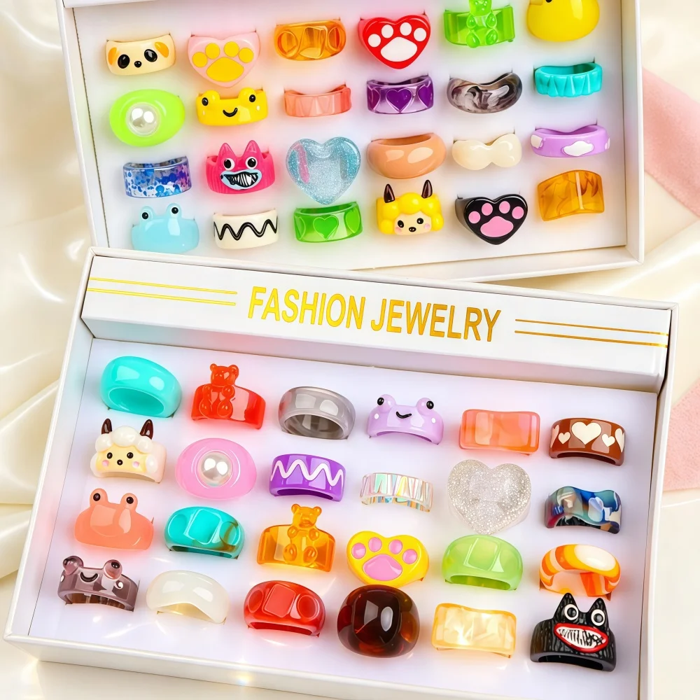 12/24/36Pcs/Lot New Fashion Cute Colorful Bear Heart Mix Style Resin Arcylic Rings For Women Girls Brithday Party Jewelry Gifts