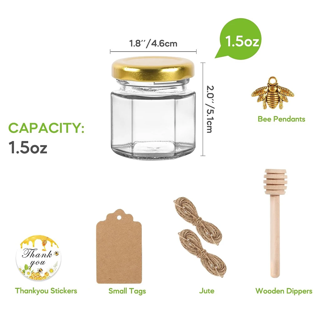 1.5 oz Hexagon Glass Mini Honey Jars with Wooden Dipper, Small Honey Jars, Golden Lids For Wedding Party Favors, Baby Shower