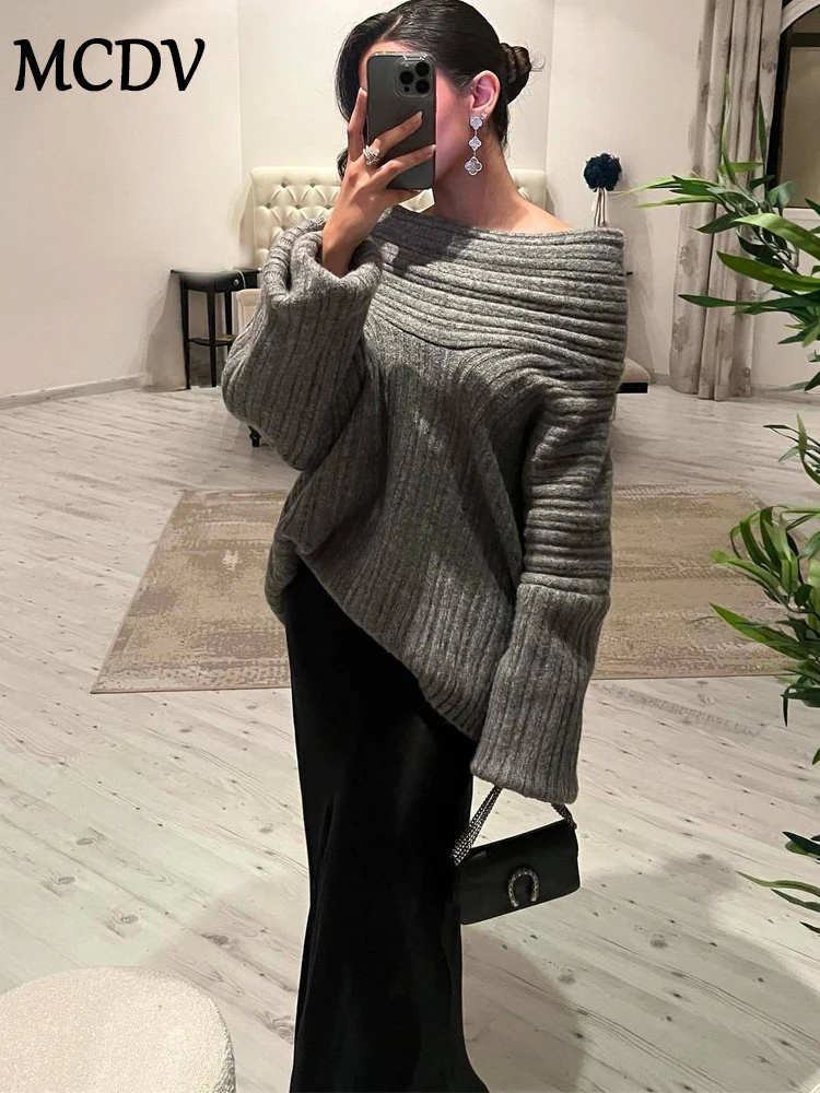 MCDV 2024 Autumn Winter Sweater Off Shoulder Solid Long Sleeve Knitted Loose Pullovers Women Streetwear Fashion Ribbed Knitwear