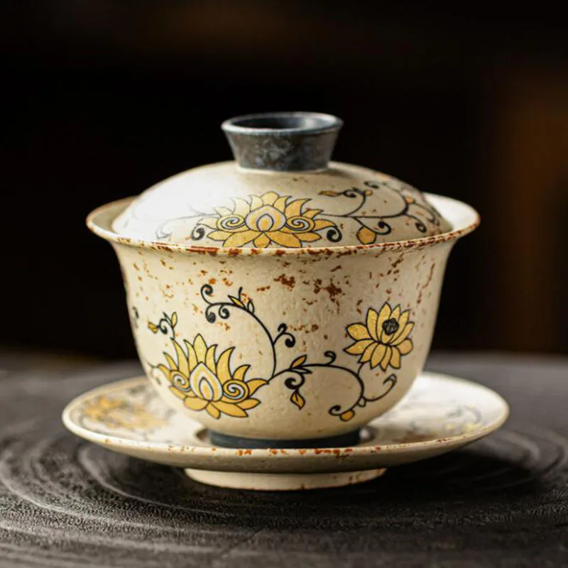Retro Porcelain Gold-bound Lotus Floral Tea Tureen Kungfu Tea Cup Tea Bowl Tea Set Accessories Master Cup Kitchen Teaware