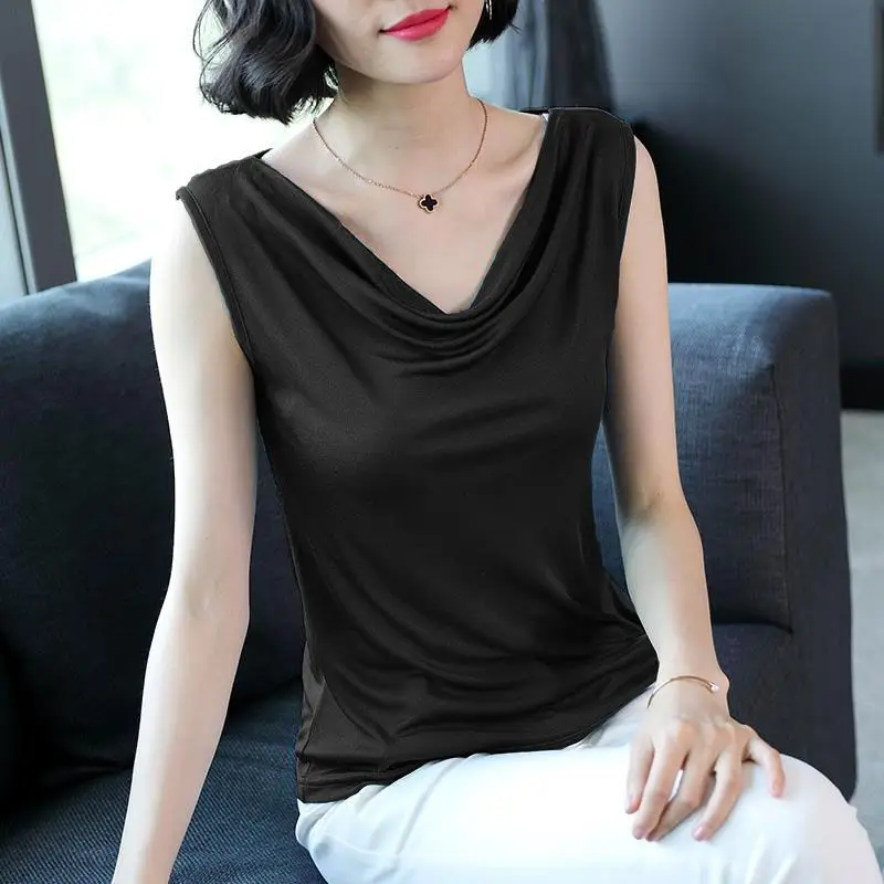 Summer New White Pleated Bottoming Shirt Sleeveless Solid Color Off Shoulder Office T Shirt Tops Vintage Fashion Women Clothing