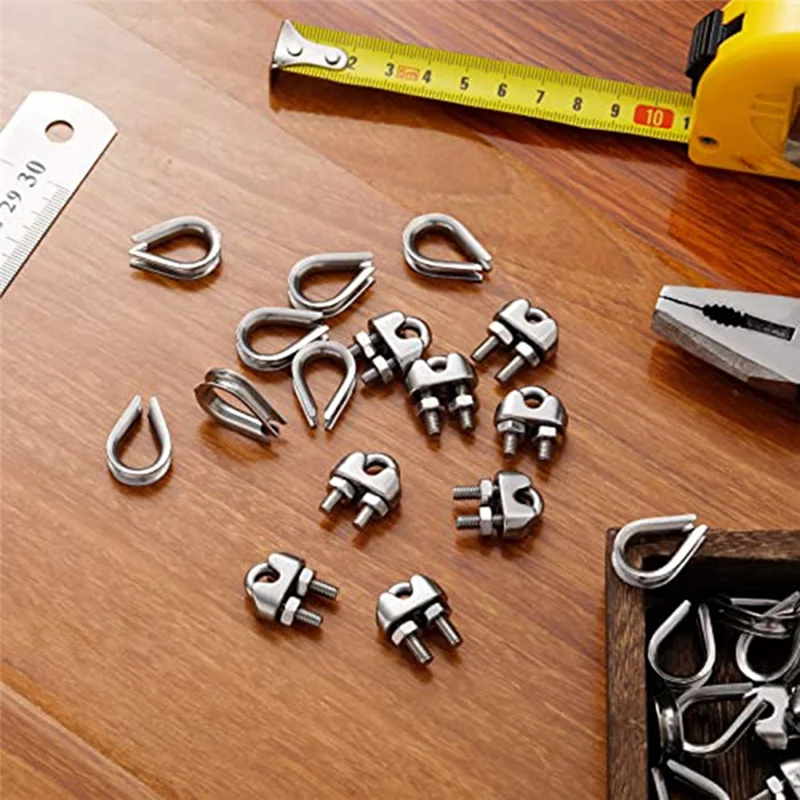 

60 PCS 1/8Inch Wire Rope Kit M3 Metal Wire Rope Cable Clamp And M3 Stainless Steel Thimbles Simple To Install Wide Applications
