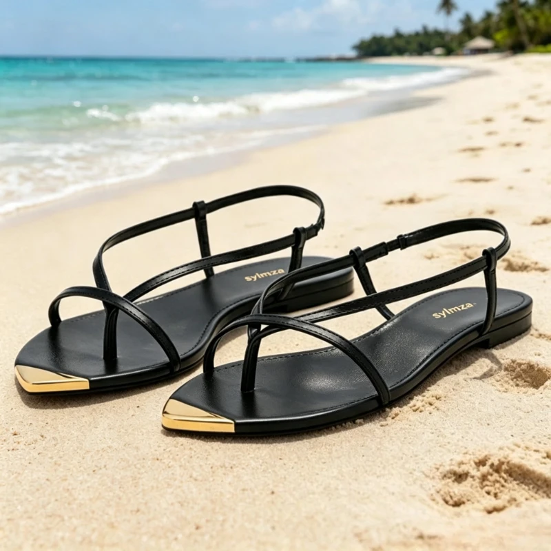 Unique Metal Pointed Toe Detail Flat Sandals Women Fashion Hollow Narrow Band Gladiator Sandals Light Comfortable Women Shoes