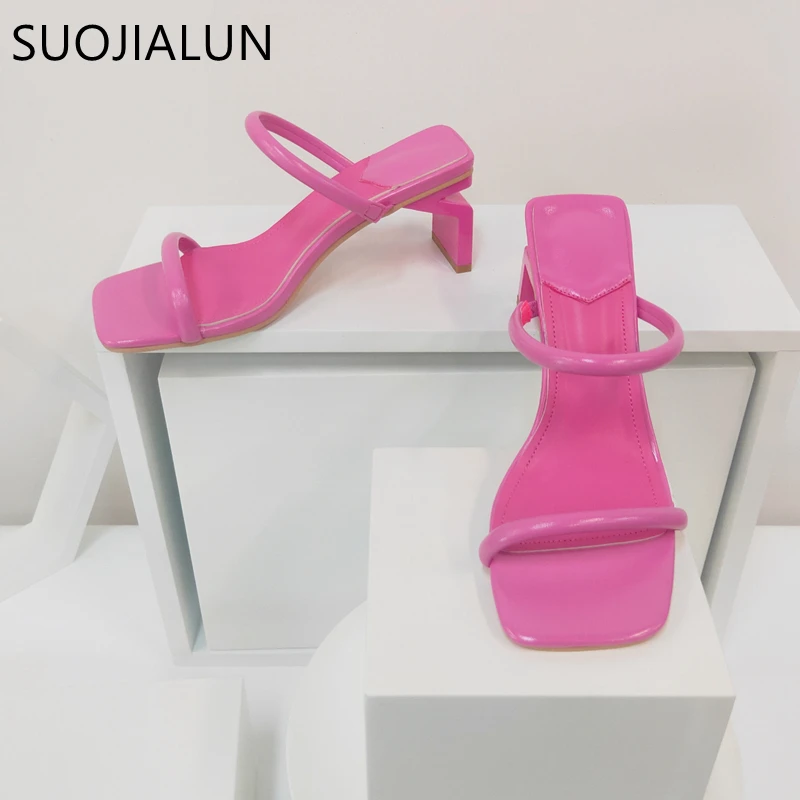 SUOJIALUN 2022 Summer Gladiator Shoes Square High Heel Women Slides Fashion Narrow Band Square Toe Ladise Beach Sandal Slides