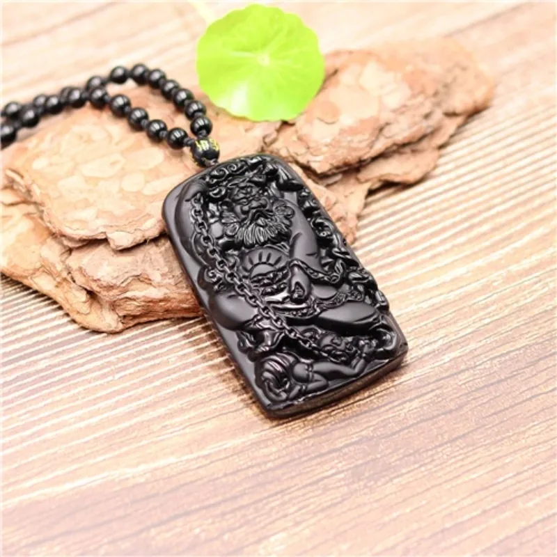 Natural Black Green Chinese Obsidian Zhong Kui Pendant Necklace Jewelry Fashion Carved Amulet Gifts sweater chain