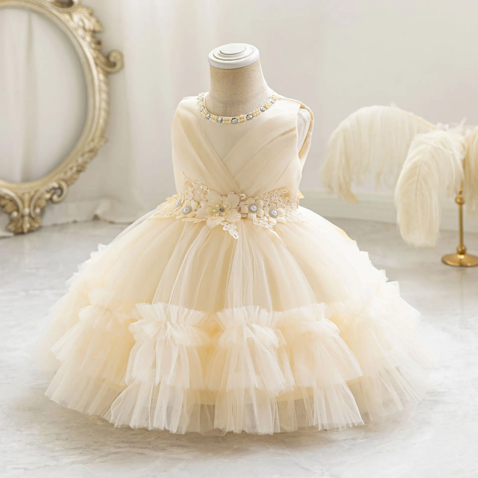 Sweet Princess Dress Flower Girl'S First Birthday Baby First Dress New Children'S Dresses Puffy Sleeveless Lace Cake Dresses