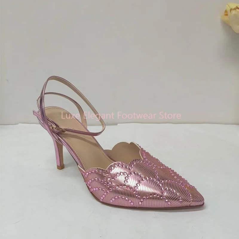 

Pink Mermaid Scale Rhinestone Pointed Toe Sandals Women Shell Pattern Slingback Thin High Heels Sexy Fashion Party Dress Shoes