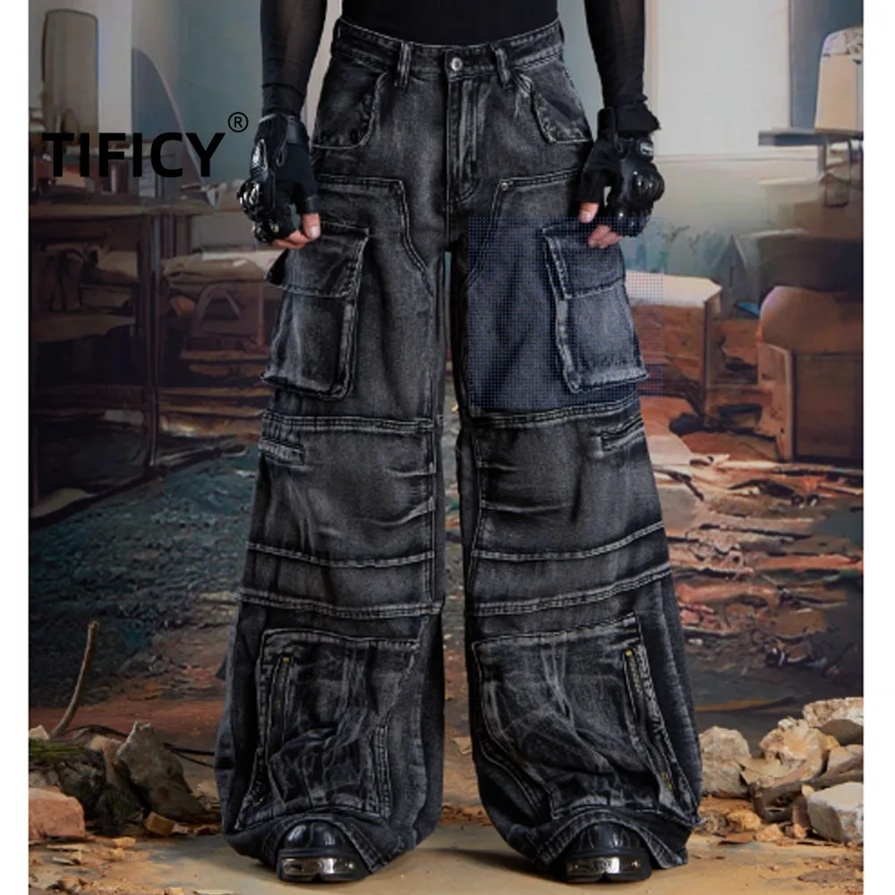 

High Street Jean Pants Men's Splicing Loose Straight Tube Three-dimensional Cutting Multi Pocket Workwear Washing Denim Pant