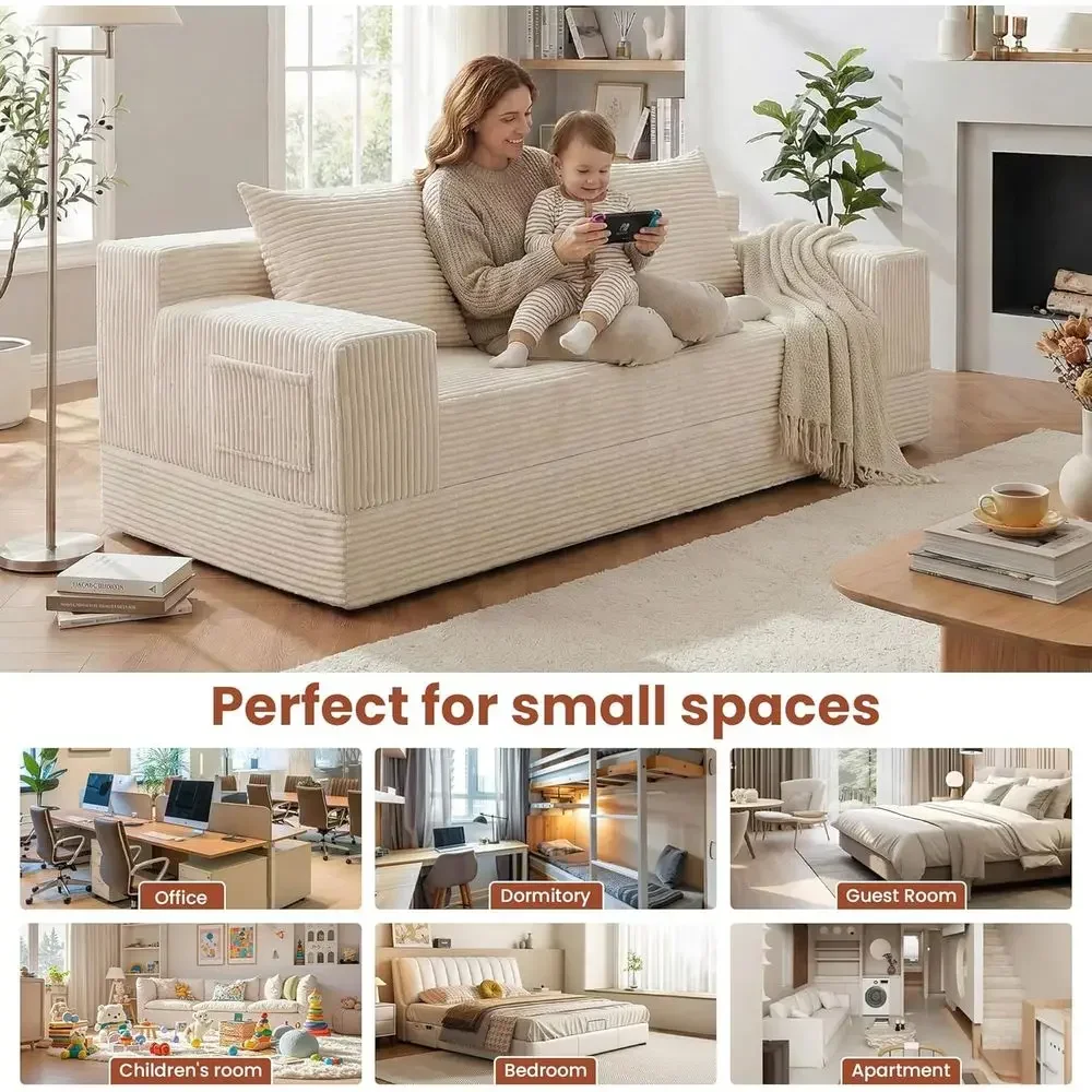 78 Inch 2-in-1 Convertible Sofa Bed Corduroy 3 Seater Oversized Sleeper Sofa with 3 Pillows for Living Room, Bedroom, and Den view 5