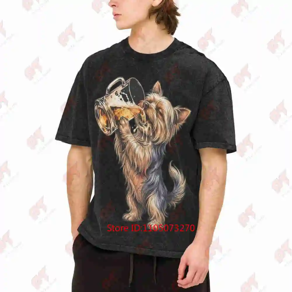 Yorkie Beer Yorkshire Terrier Vintage Biker Vintage Washed Tee Pure Cotton T-Shirt