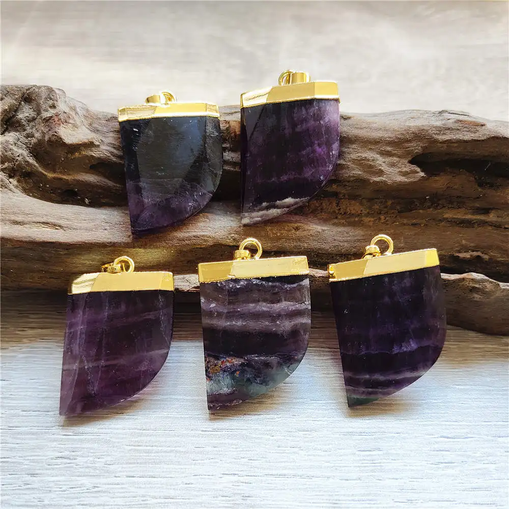 FUWO Natural Rainbow Fluorite Pendant,Golden Plated Faceted Mineral Healing Crystal Accessorie For Necklace Making PD418 5Pcs