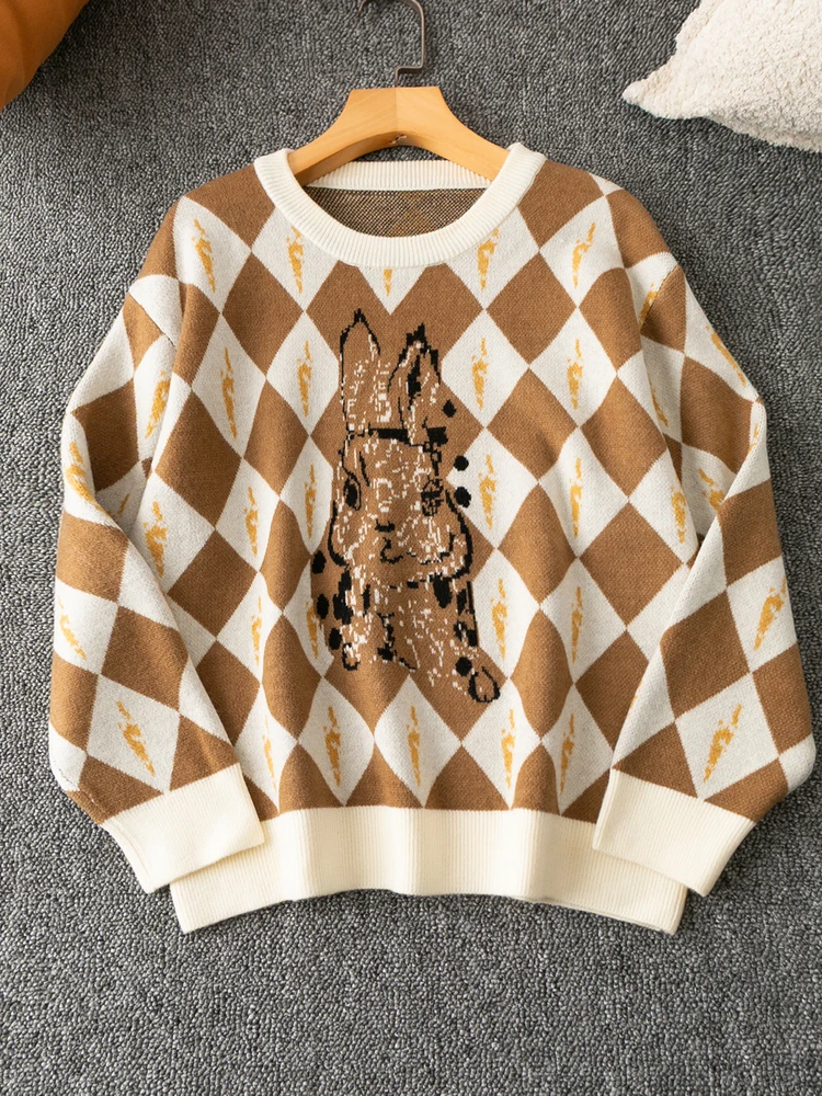 Wygodny koreański sweter z okrągłym dekoltem, z nadrukiem, łatwy w noszeniu, ciepły wełniany top dla kobiet, modny i uniwersalny.