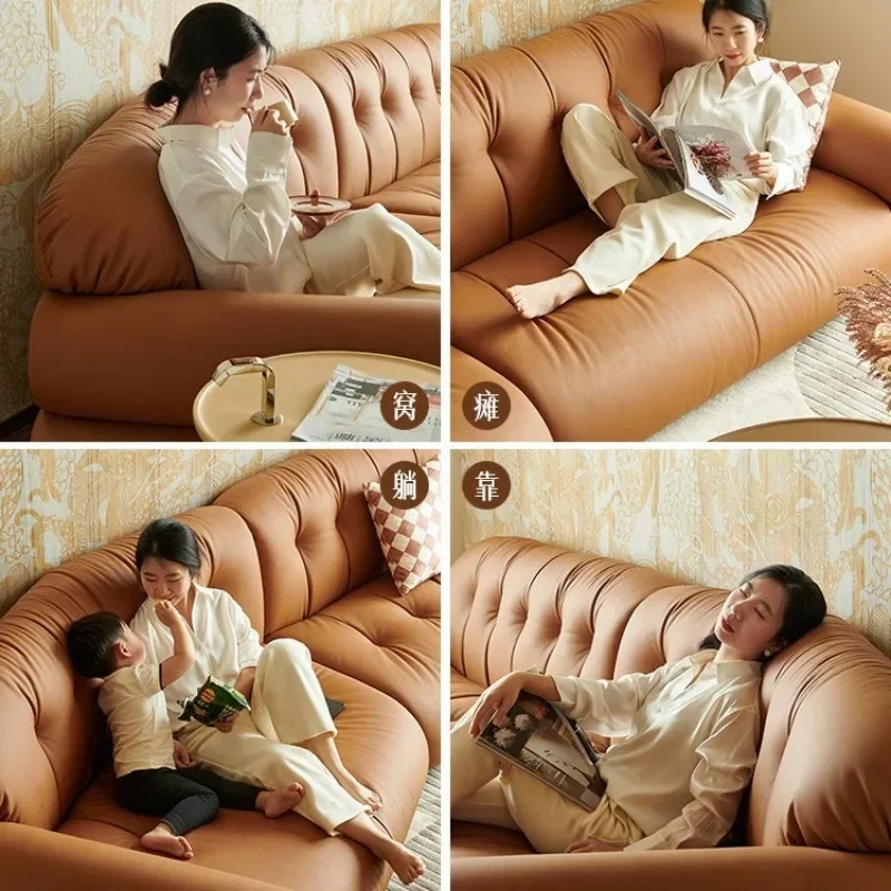 French retro caramel leather, sofa size apartment three-person living room household first-layer cowhide sofa combination 3