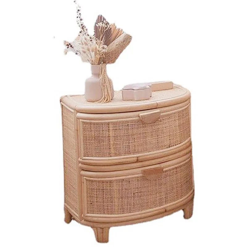 

Rattan bedside table retro simple small side cabinet, real rattan bedroom bedside double-layer storage cabinet