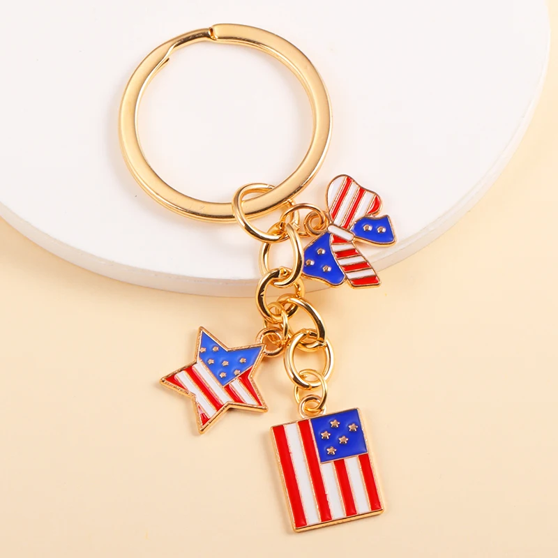 Hot Selling USA Flag Cross Heart Star Keychain America Pop Patriotism Keyrings For Women Men Car Key Bags Decor Party DIY Gifts