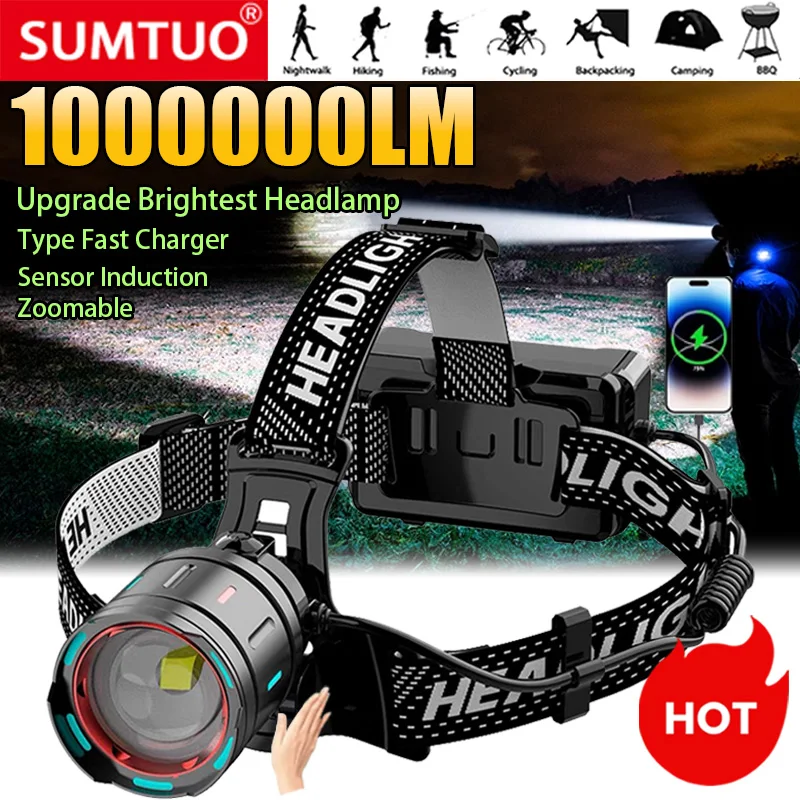 

1000000LM Powerful Headlamp 800W Led Sensor Head Flashlight Long Range Headlight 18650 Rechargeable Head Lantern Fishing Camping