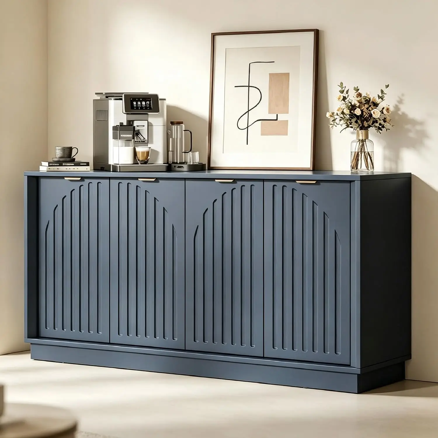 Blue Fluted Sideboard Buffet Cabinet With Storage 58 Inch, Customized
