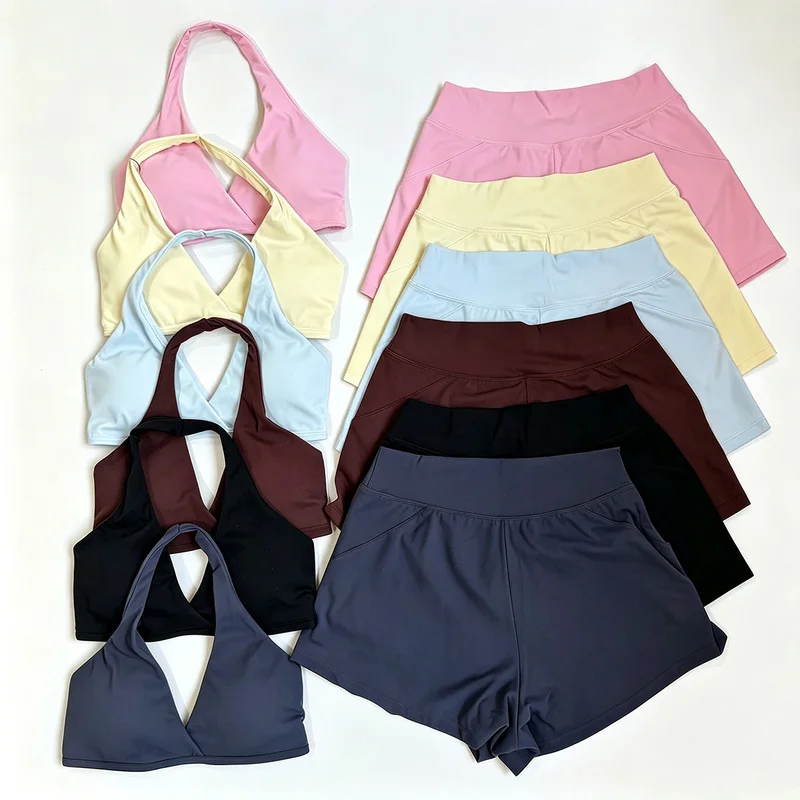 Denyf 2 Piece Origin Training Shorts Set Women Yoga Halter Bra Gym Running Shorts Quick Dry Breathable Pilates Yoga Fitness Suit