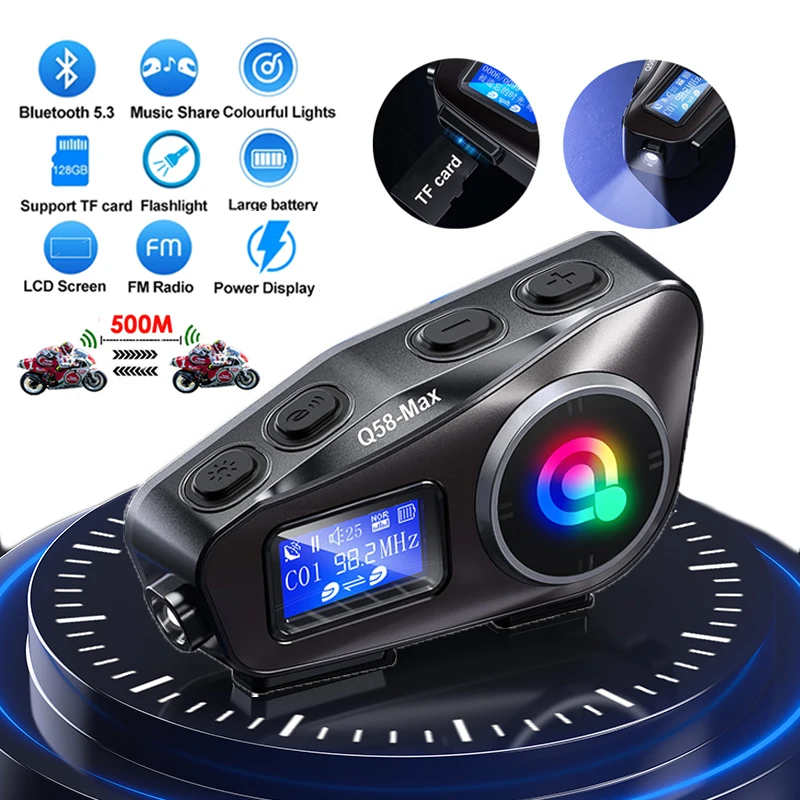 500 Meters Motorcycle Helmet Intercom LCD Screen Music Sharing Bluetooth 5.3 TF Card FM Headset Skiing Hands-free Earphone