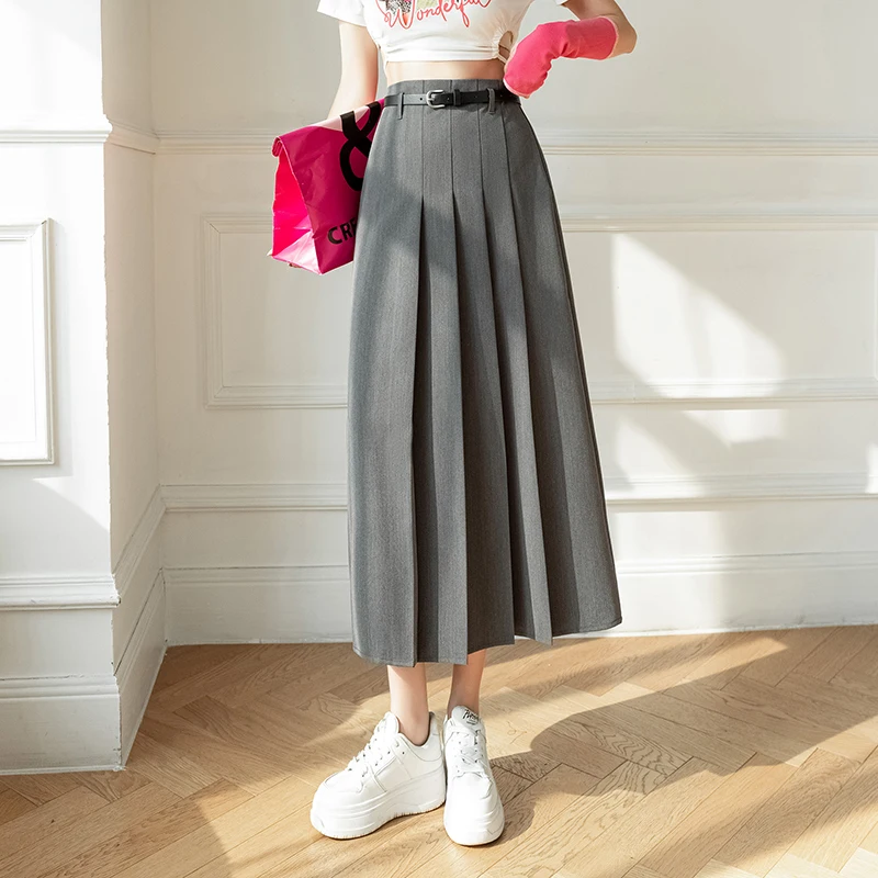 In Stock Gray Pleated Skirt Long Skirt for Women 2025 Spring and Summer New Suit Skirt Mid-Length High Waist Slimming A- line Sk