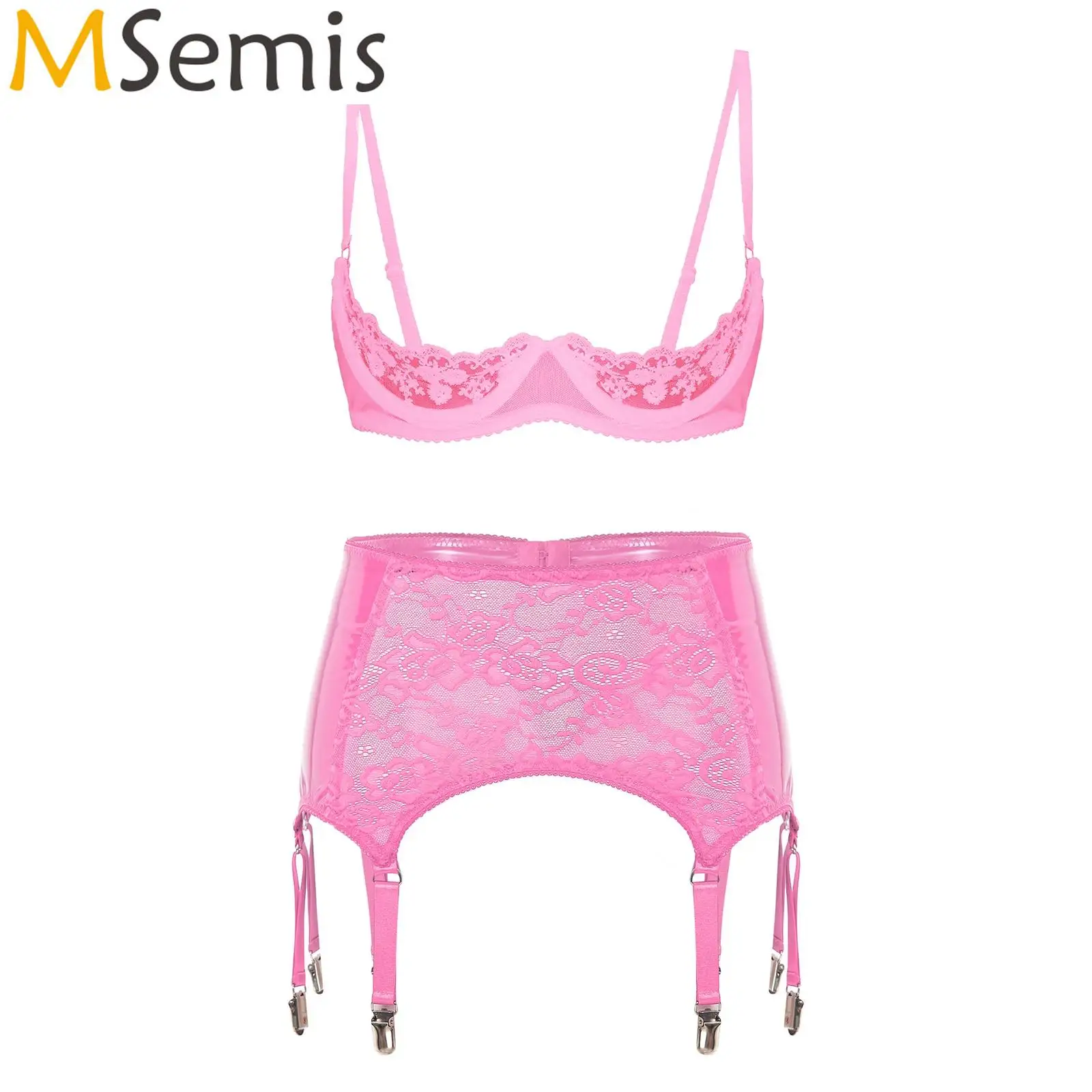 

Womens Hollow Out Cups Sheer Floral Lace Underwire Bra and PU Leather Suspender Garter Belt with 6 Metal Clips Underwear Set