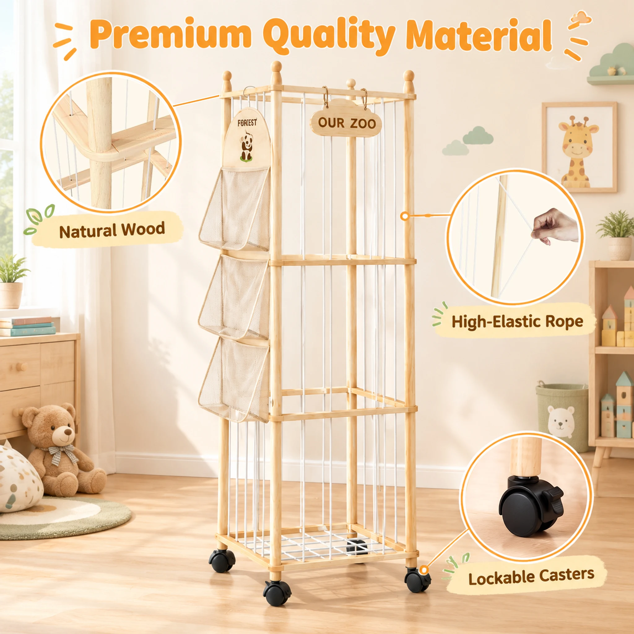 Organizador de peluches con forma de zoológico, soporte de madera para peluches con ruedas giratorias y sistema de cierre, organizador de juguetes 2 en 1 de gran capacidad con bolsillo de malla de 3 niveles en el lateral, placa identificativa personalizable, solución para ahorrar espacio y guardar peluches en la habitación de los niños.