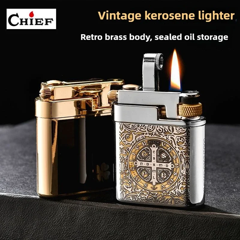 Chief Press Ejection Ignition Lighter, Pure Copper Retro Mechanical Press Grinding Wheel Ignition, Personalized Creative Gift