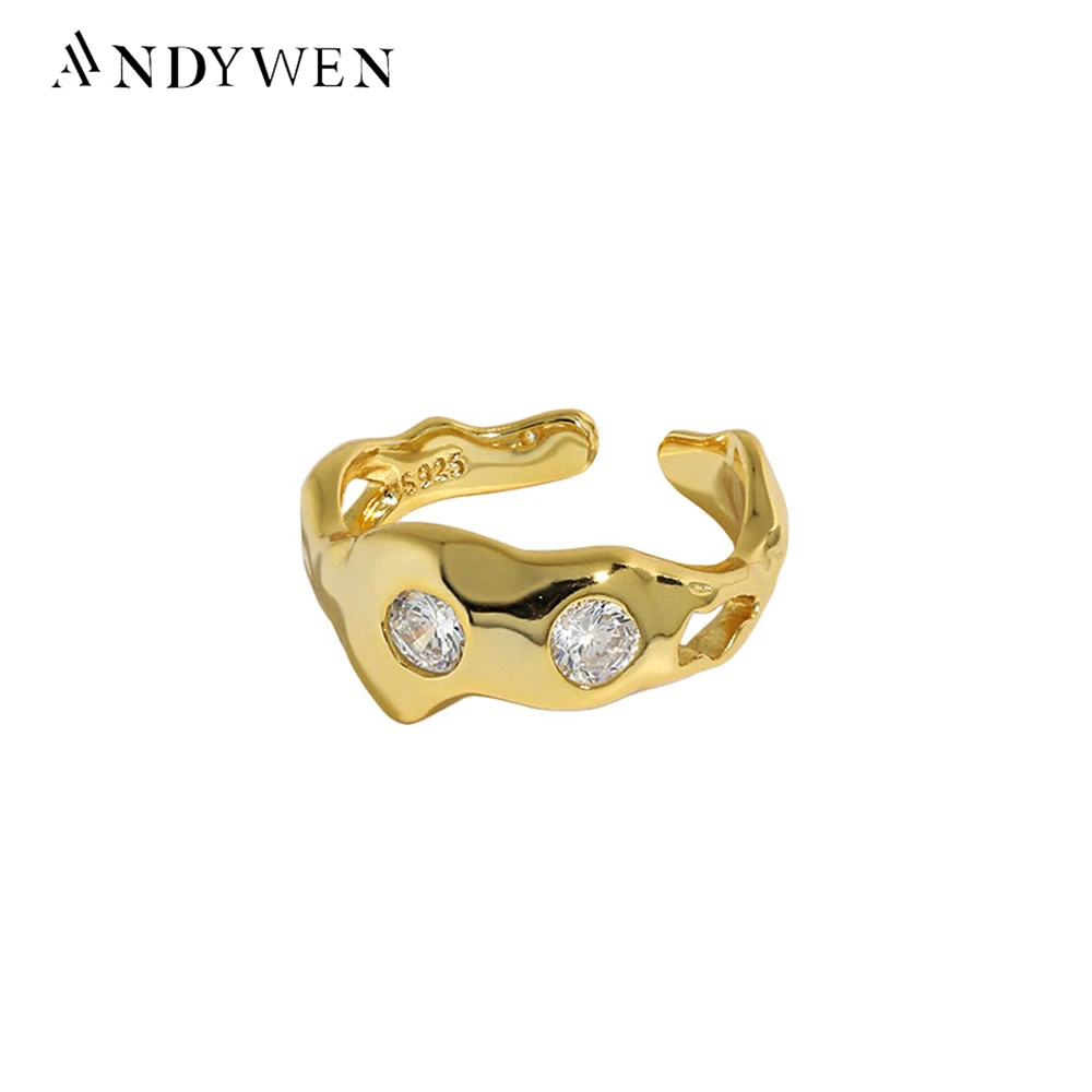 ANDYWEN 925 Sterling Silver Gold Two Zircon CZ Charm Resizable Rings Women Fine Jewelry 2021 Women Wedding Crystal Party