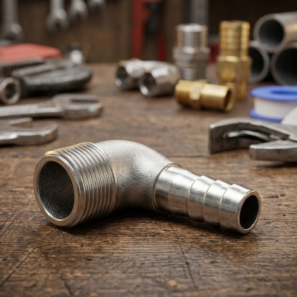 90 Degree Stainless Steel Elbow Fitting with Hose Barb and NPT Male Thread for Industrial Fluid Conveyance Systems