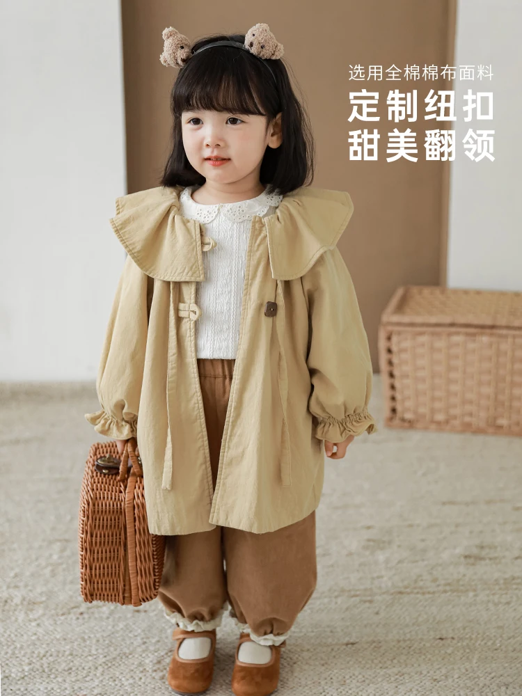 

Children's Windbreaker Autumn 2022 New Girl's Personality Lotus Leaf Lapel Retro Casual Loose Coat