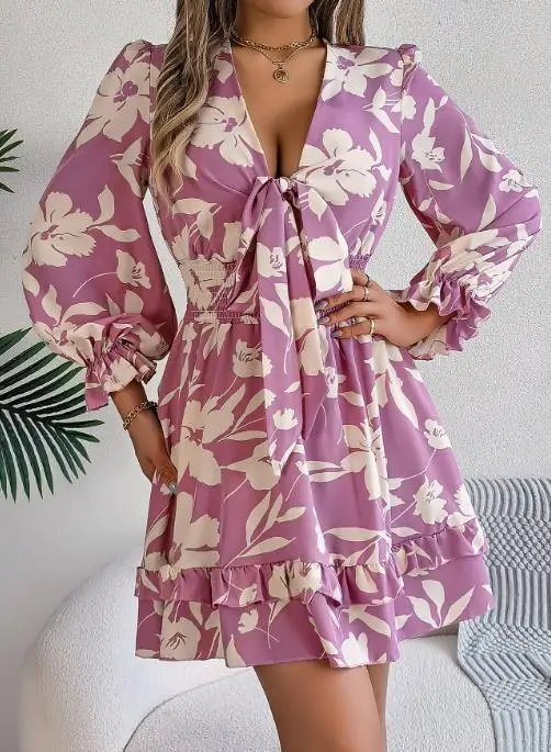 2025年レディースファッション最新ホットセール秋冬カジュアル花柄レース長袖耳飾りAラインスカート婦人服