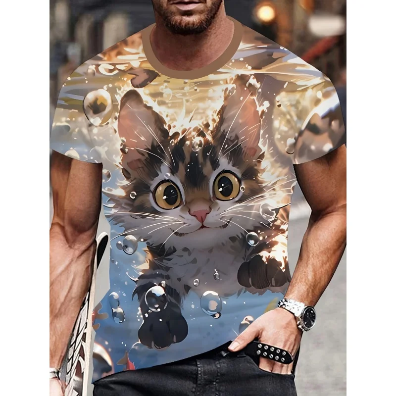Cute Cat Monster Pattern T-Shirt For Men Funny Animal 3D Printed Tees Casual Unisex Short Sleeve Round Neck Tops Street T Shirts