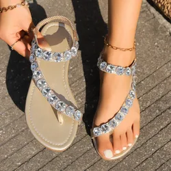 Rhinestone Fashion Women's Shoes 24 Summer New Plus Size Flat Travel Beach Shoes Clip Toe Elastic Strap Sandals Comfortable Gold