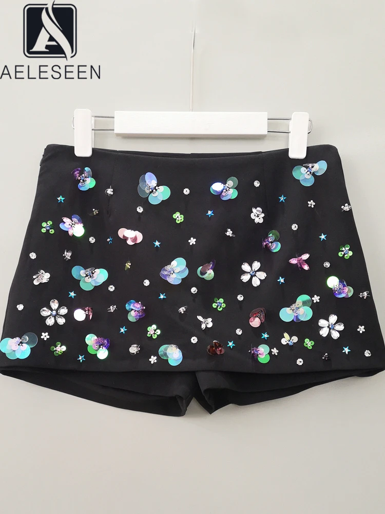 

AELESEEN High Quality Summer Black Shorts Women Design Fashion Flower Embroidery Sequined Crystal Diamonds Casual Holiday