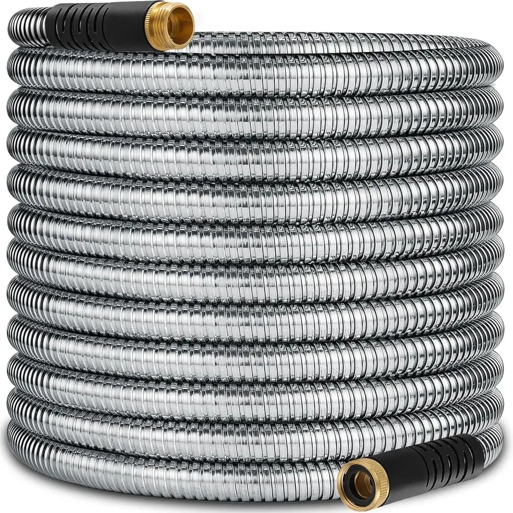 

Enhanced 100ft Stainless Steel Garden Hose with Flexible Latex Core and 3/4 Solid Brass Connectors