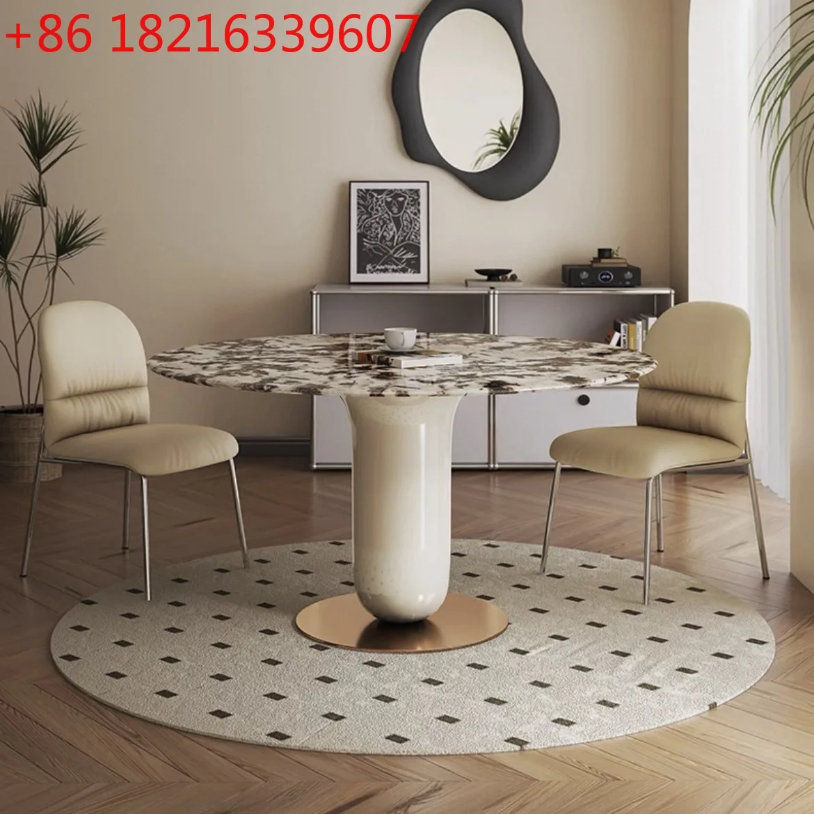 

French light luxury cream style paint marble dining table round modern simplicity