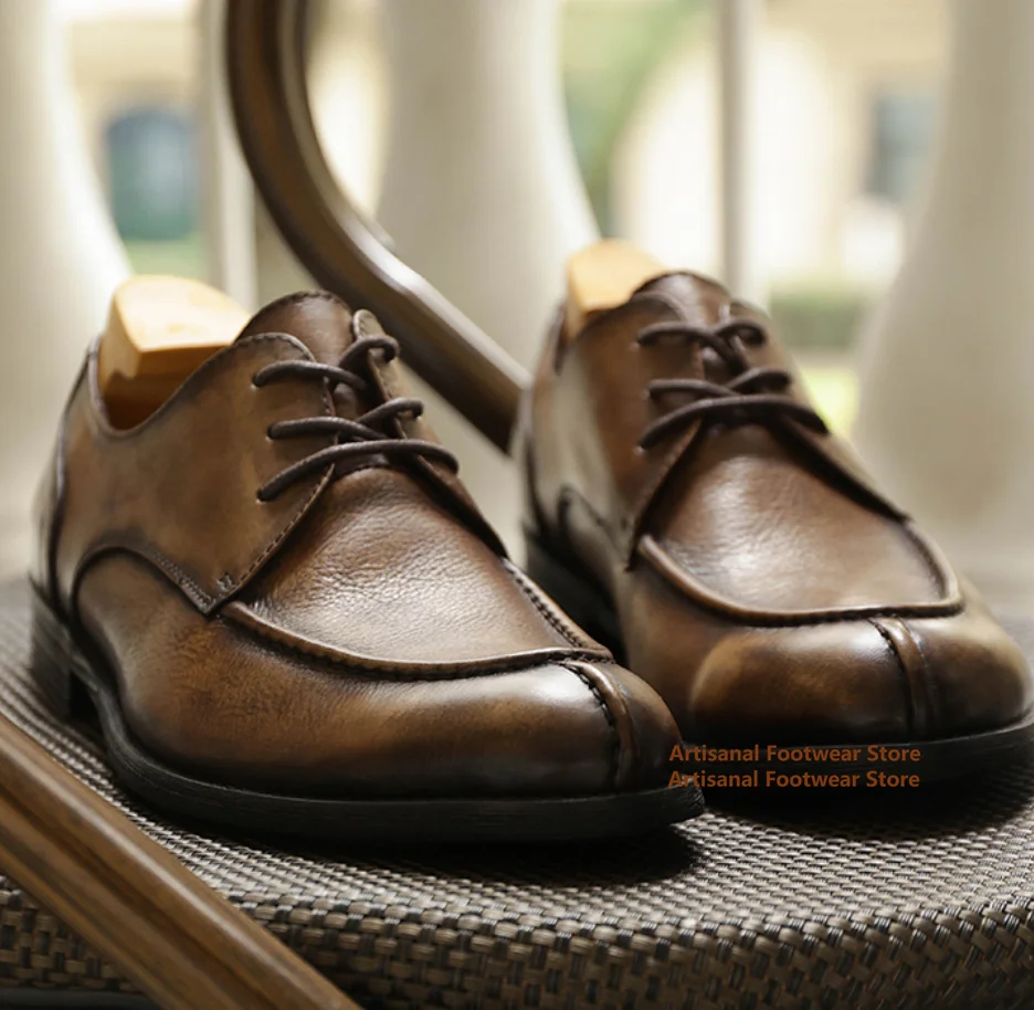 

Vintage Brown Leather Casual Shoes Trendy British Leather Pointed Handmade Retro Breathable and Comfortable Commuting Shoes