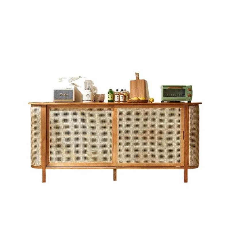 

Nordic living room wall solid wood locker, living room household ash wood rattan multi-functional storage side cabinet