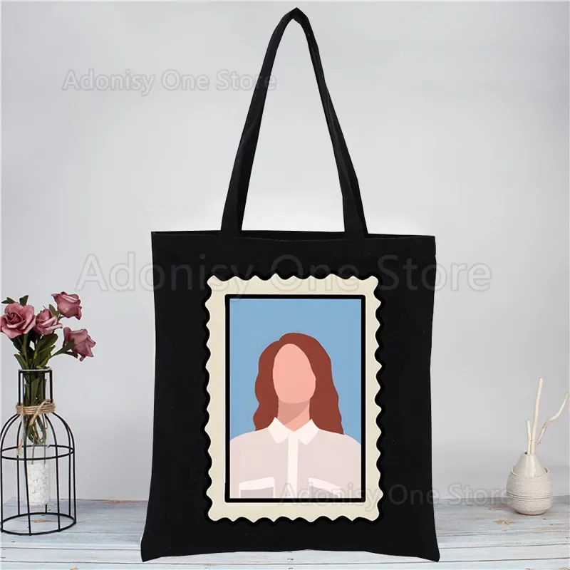 حقائب يد Lana Del Rey سوداء للجنسين حقيبة تسوق قماشية مخصصة مطبوعة للاستخدام اليومي حقيبة تسوق كاجوال للسفر قابلة لإعادة الاستخدام