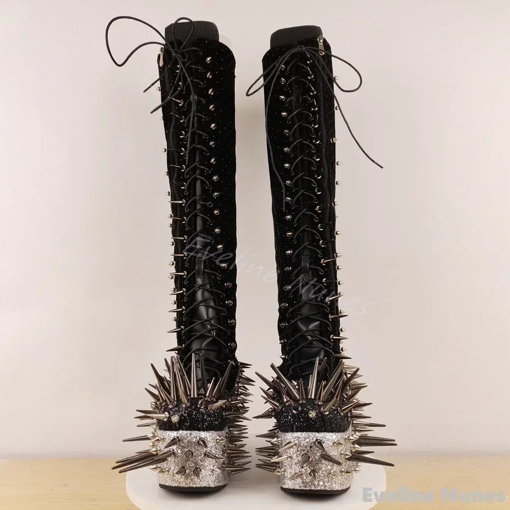Rivet Spikes Knee High Boots Men Platform Chunky Heel Cross Tied Bling Crystal Punk Boots 2026 New Street Style Novelty Boots