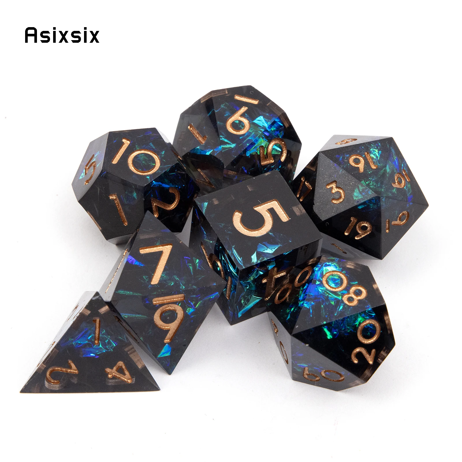 7 Pcs Black Blue Resin Golden Number Sharp Edge Dice Polyhedral Dice Suitable for Role-Playing RPG  Board Game Card Game