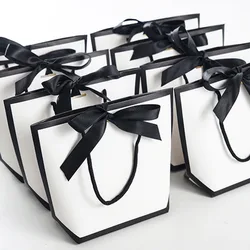 White Portable Cardboard Paper Box, Food Packaging Boxes, Lunch Bag with Black Ribbon Gifts Bags, Customized Handbag, 50Pcs