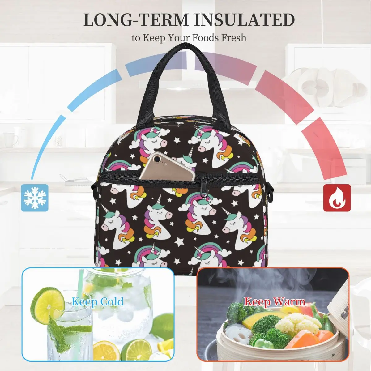 Unicórnio Isolado Lunch Bags com Alça de Ombro Ajustável, Food Bag, Cooler, Thermal Bento Box, Adequado para Meninas, Presentes