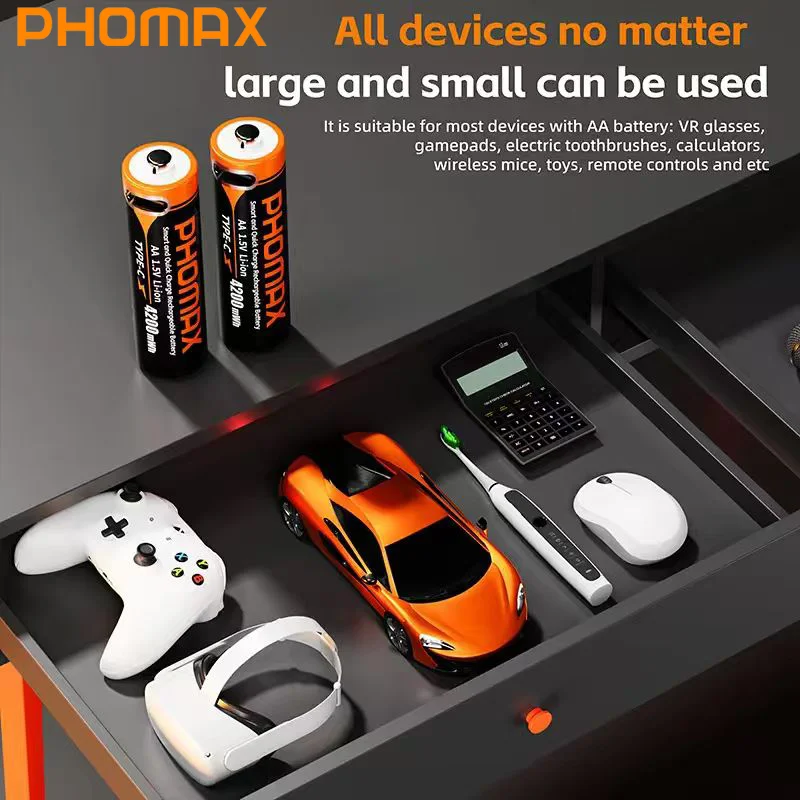 

PHOMAX AA Rechargeable Lithium-Ion Battery 1.5V 4200mWh for Toy Watch MP3 Player Thermometer Keyboard +Type C Charging Cable
