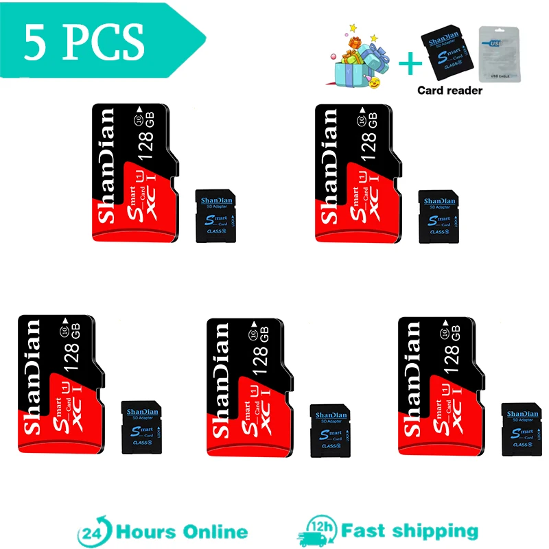 Lote de 5 unidades de tarjetas TF de capacidad Real, 128GB, 100% tarjetas de memoria SD originales, 64GB, tarjeta de memoria Flash para teléfono móvil, lector de tarjetas de regalo de 32GB, 16GB