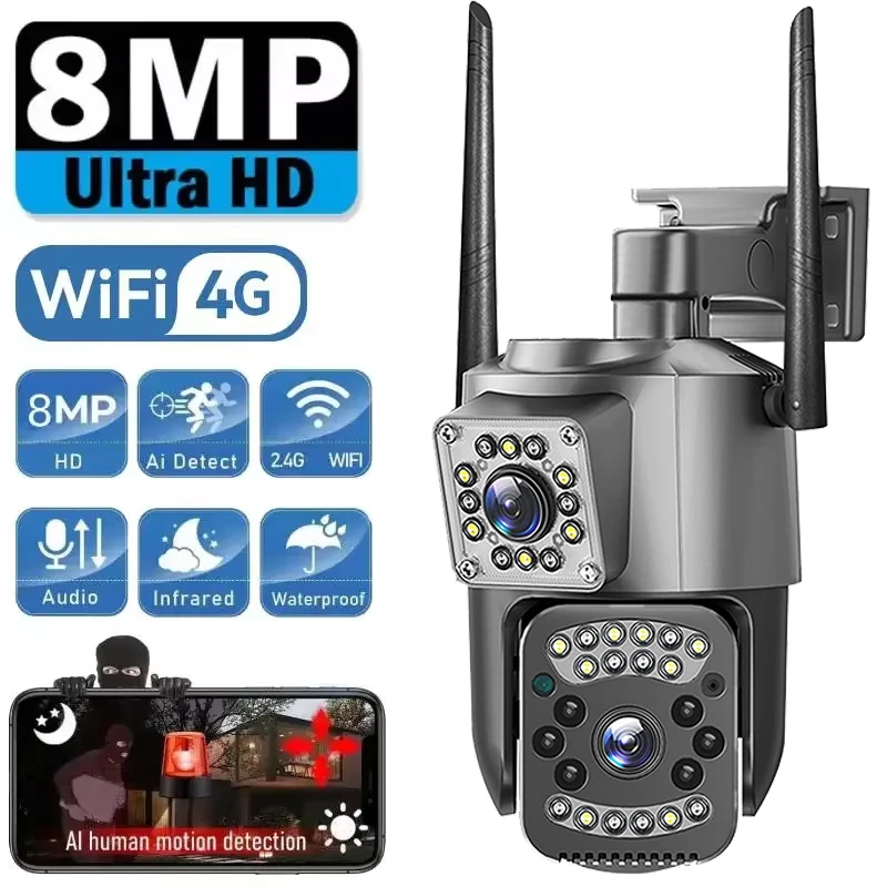 

8-мегапиксельная Wi-Fi IP-камера с двумя объективами PTZ 4G SIM-карта, двустороннее аудио, ночной цвет, 10-кратный зум, умный дом, защита видеонаблюдения, монитор, камера