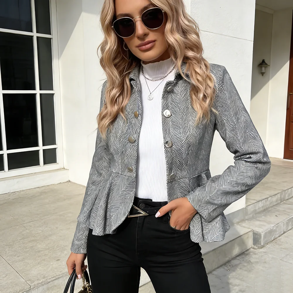 2026 Fall Winter New Arrival Women's Herringbone Ruffled Double-Breasted Waist-Fitted Business Casual Blazer 3