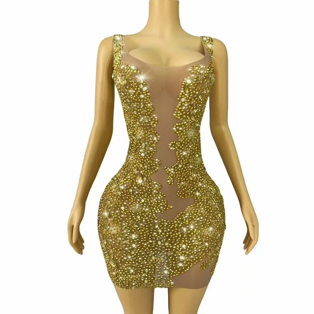 Sexy Stage High-end Cocktail Party Gown Shining Gold Rhinestones Elegant Mesh Dress Women Birthday Evening Photoshoot Costume